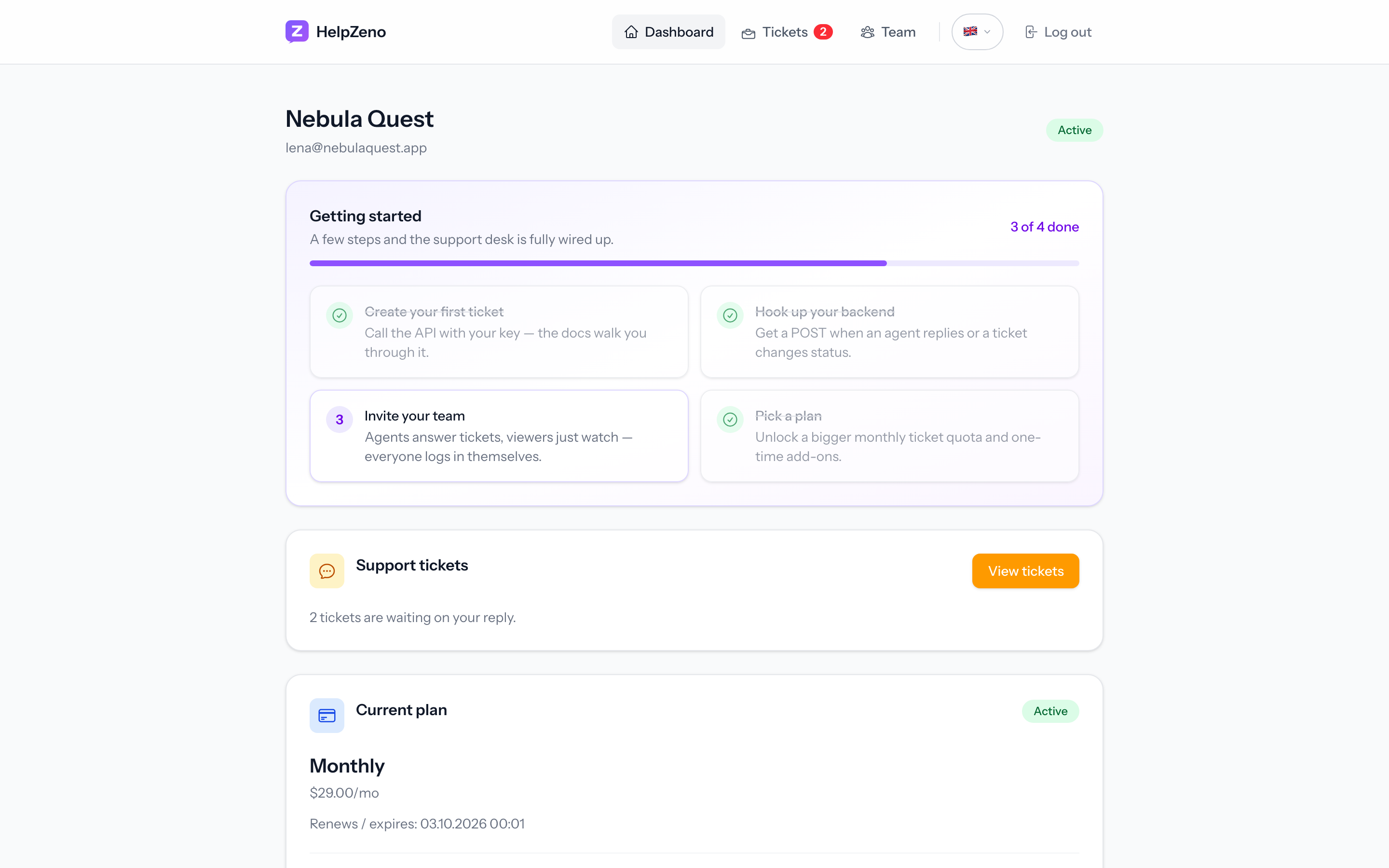 Your clients get a portal of their own: usage, billing, API keys and a getting-started checklist.