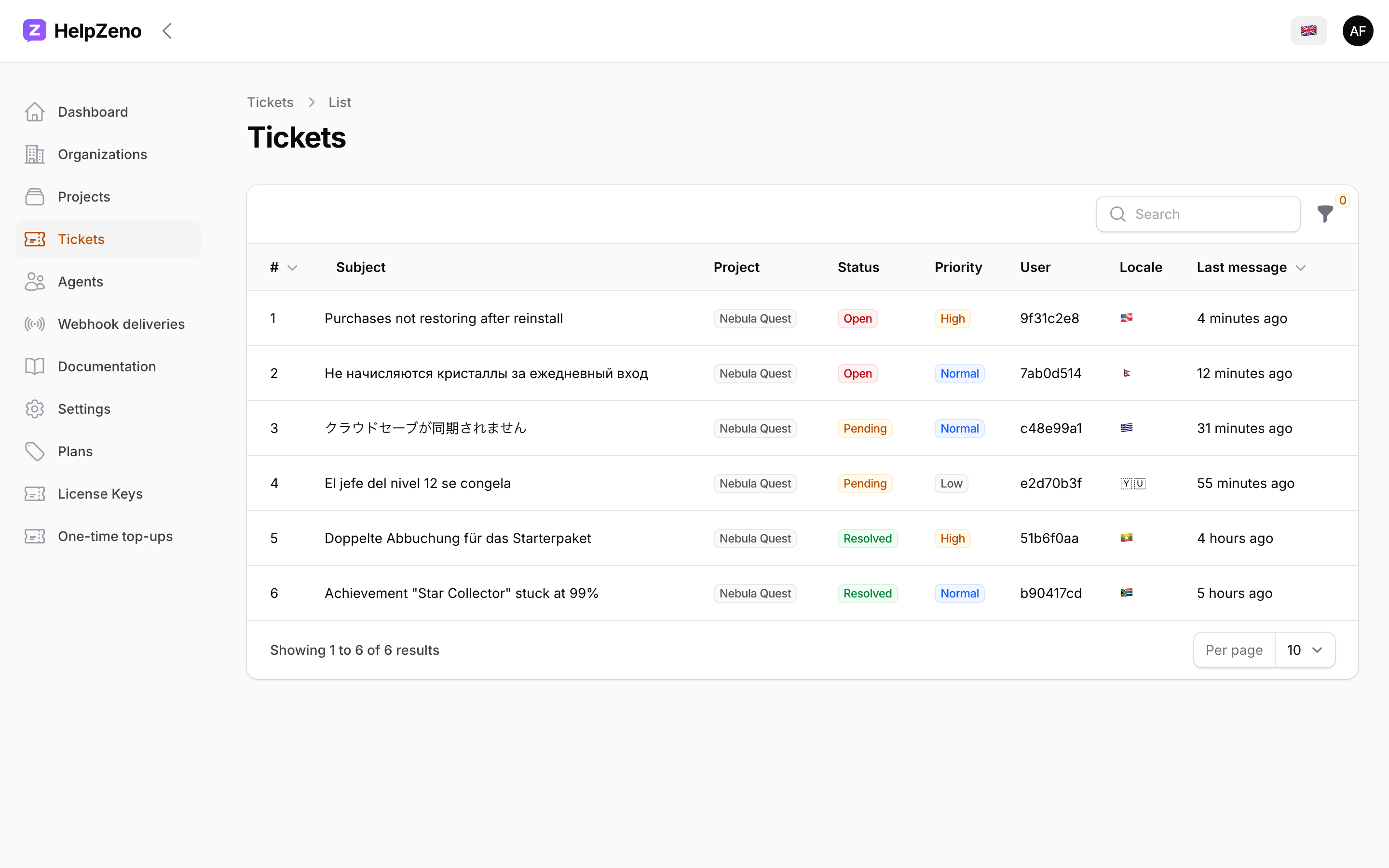 Every ticket from all your apps in one place — status, priority, and the user's language detected automatically.